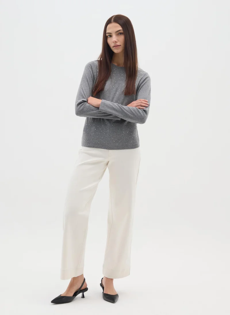 او في اس OVS Grey Long-Sleeve Regular Fit Pure Cotton Top With Rhinestones